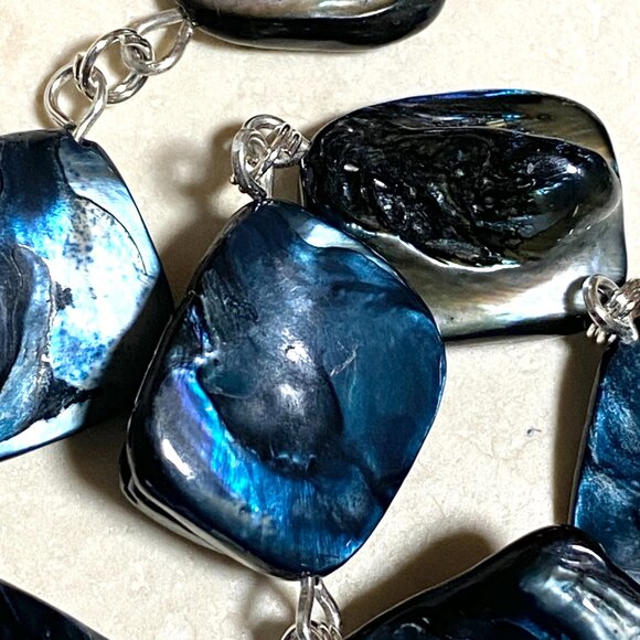 Blue Irregular Mother of Pearl Shell Necklace + Paw Print Heart Beat Pendant - Picture 8 of 13